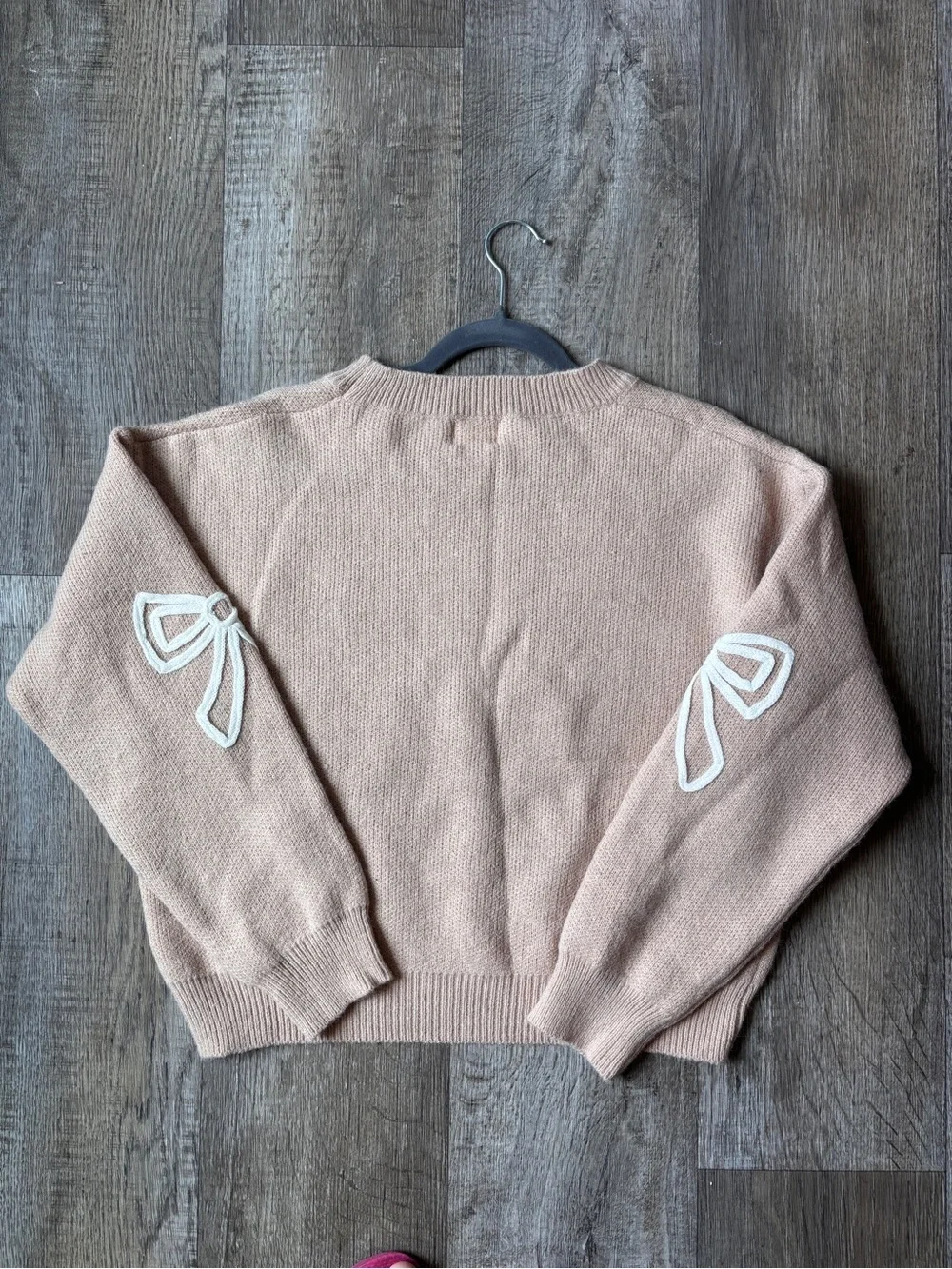 Blush Pink Bow-Appliqué Crewneck Sweater